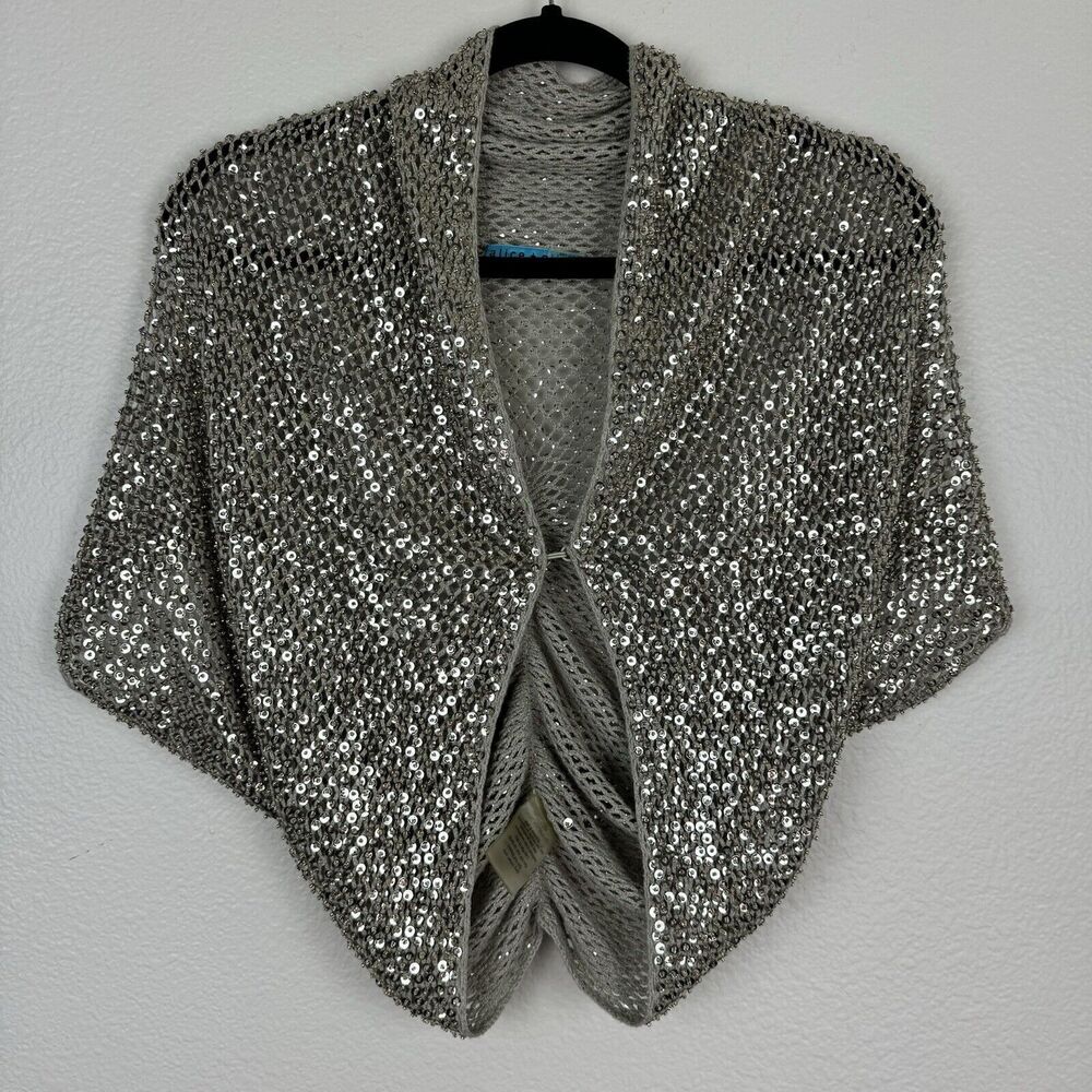 Alice + Olivia Brianna Knit Mesh Beaded Sequin Shrug Bolero Beige Tan Gold XS
